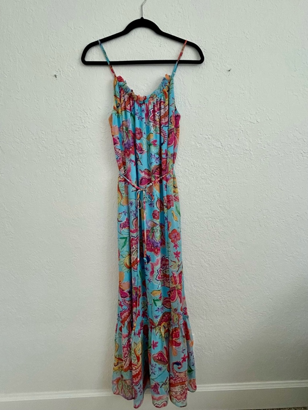 Nicole Miller Dress Women’s Medium Floral Midi Blue Pink Summer Tie Waist